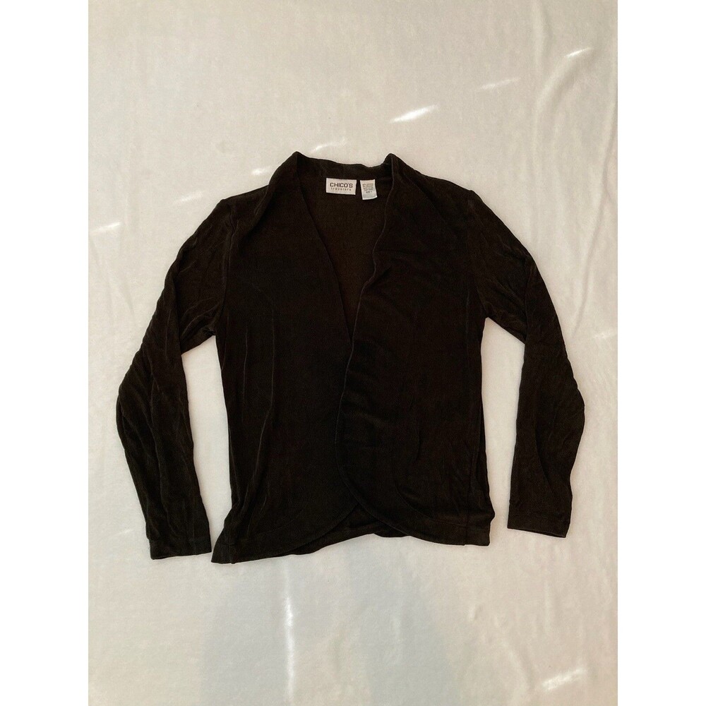 Chico’s Travelers Slinky Cardigan Black Open Front Long Sleeve Stretch Sz 1 Med